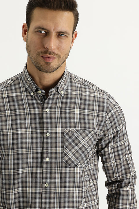 Medium Brown Long Sleeve Regular Fit Plaid Shirt