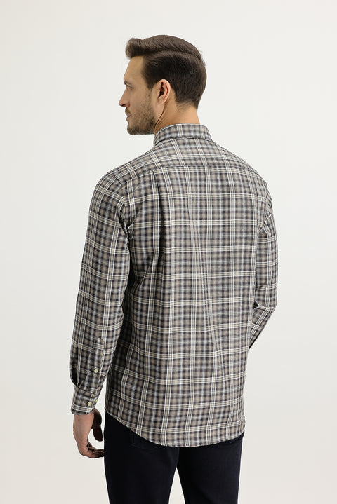 Medium Brown Long Sleeve Regular Fit Plaid Shirt