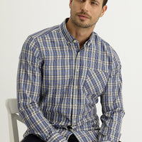 Light Navy Long Sleeve Regular Fit Plaid Cotton Button-Down Shirt