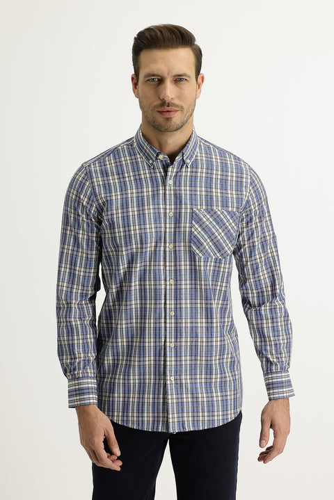 Light Navy Long Sleeve Regular Fit Plaid Cotton Button-Down Shirt