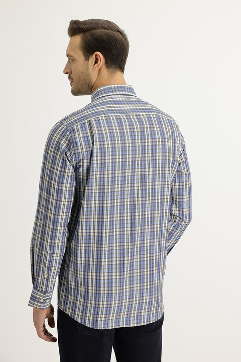 Light Navy Long Sleeve Regular Fit Plaid Cotton Button-Down Shirt