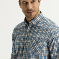 Blue Long Sleeve Regular Fit Plaid Cotton Easy-Iron Button-Down Collar Shirt