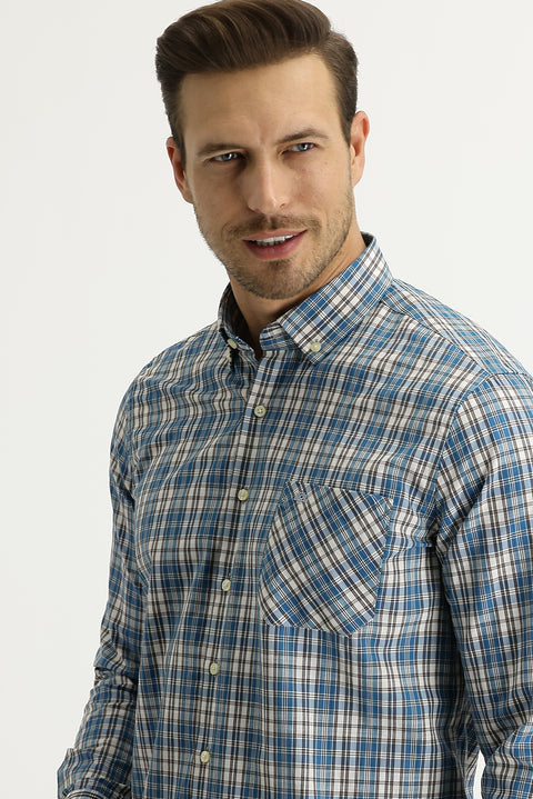 Blue Long Sleeve Regular Fit Plaid Cotton Easy-Iron Button-Down Collar Shirt