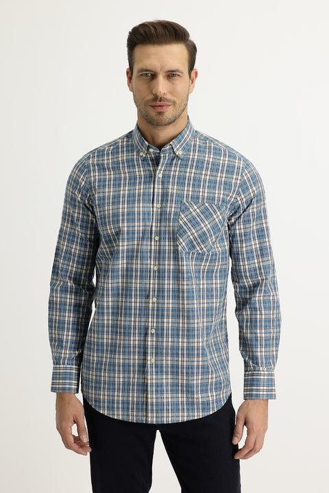 Blue Long Sleeve Regular Fit Plaid Cotton Easy-Iron Button-Down Collar Shirt