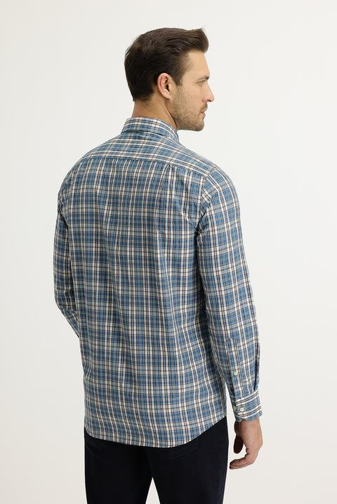 Blue Long Sleeve Regular Fit Plaid Cotton Easy-Iron Button-Down Collar Shirt