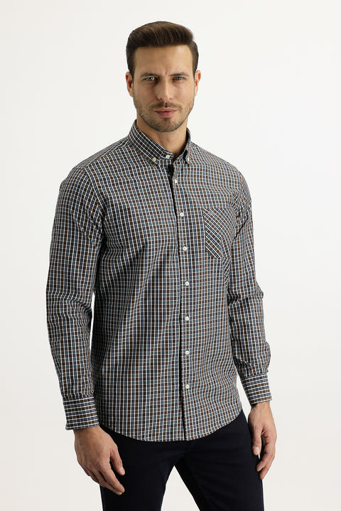 Medium Brown Long Sleeve Regular Fit Plaid Shirt