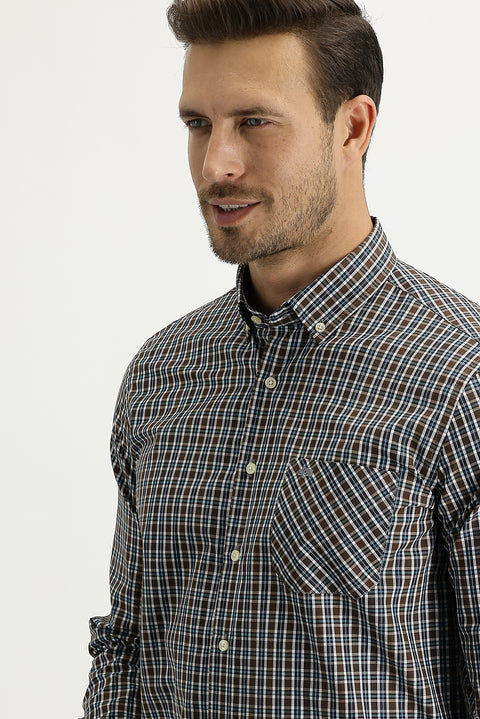 Medium Brown Long Sleeve Regular Fit Plaid Shirt