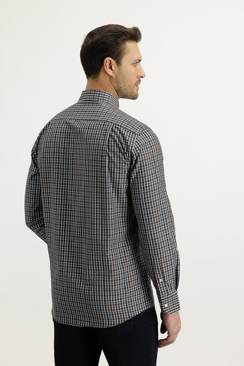 Medium Brown Long Sleeve Regular Fit Plaid Shirt