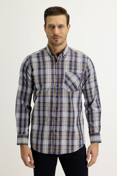 Medium Brown Long Sleeve Regular Fit Plaid Shirt