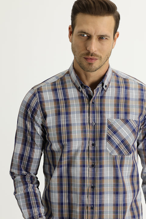 Medium Brown Long Sleeve Regular Fit Plaid Shirt