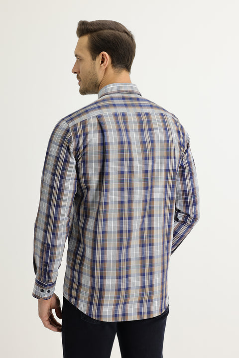 Medium Brown Long Sleeve Regular Fit Plaid Shirt