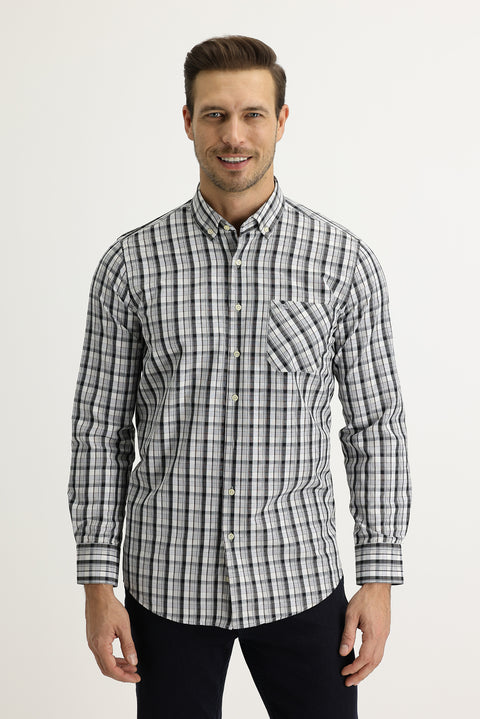Black Long Sleeve Regular Fit Plaid Cotton Easy-Iron Shirt
