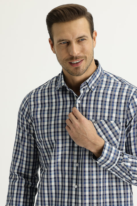Blue Long Sleeve Regular Fit Plaid Shirt
