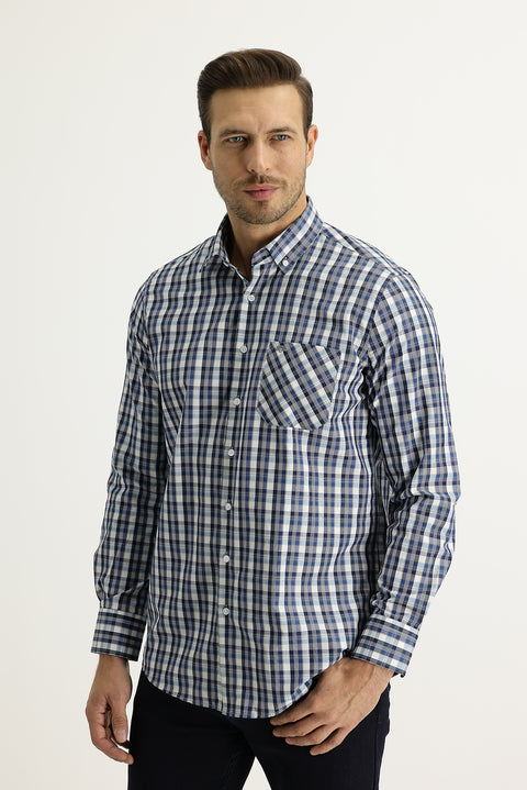 Blue Long Sleeve Regular Fit Plaid Shirt