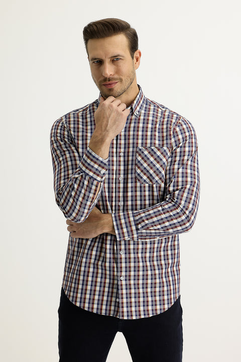 Light Burgundy Long Sleeve Regular Fit Plaid Shirt