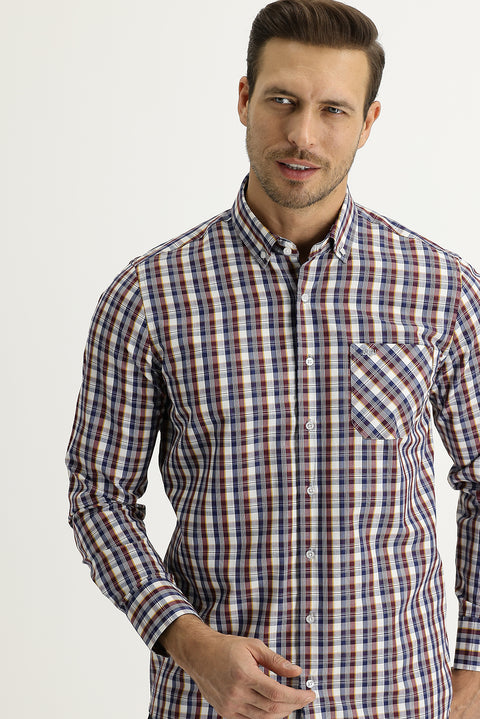 Light Burgundy Long Sleeve Regular Fit Plaid Shirt