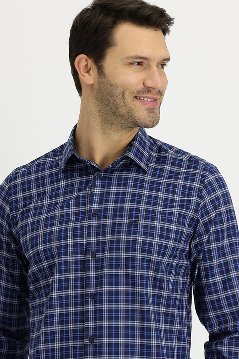 Light Navy Long Sleeve Regular Fit Plaid Cotton Shirt