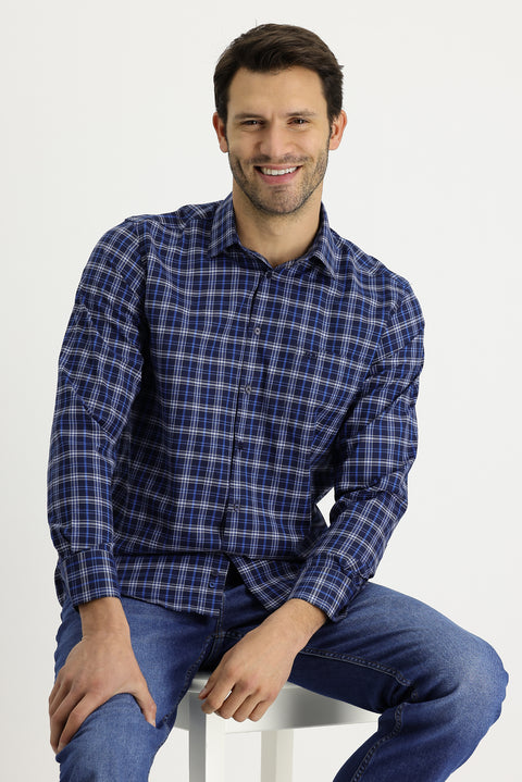 Light Navy Long Sleeve Regular Fit Plaid Cotton Shirt