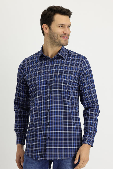 Light Navy Long Sleeve Regular Fit Plaid Cotton Shirt