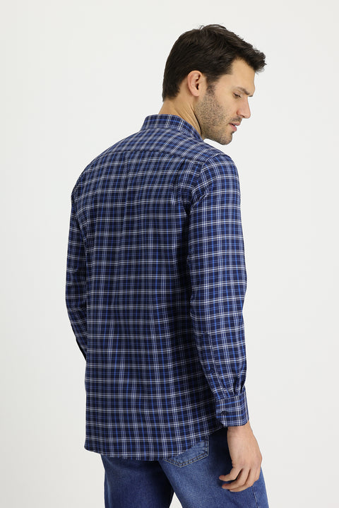 Light Navy Long Sleeve Regular Fit Plaid Cotton Shirt