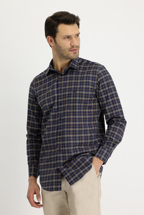Light Brown Long Sleeve Regular Fit Plaid Shirt