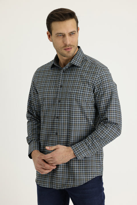 Dark Brown Long Sleeve Regular Fit Plaid Shirt