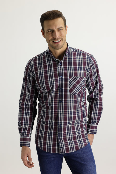 Light Burgundy Long Sleeve Regular Fit Plaid Shirt