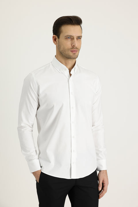 White Long Sleeve Slim Fit Narrow Cut Oxford Cotton Shirt