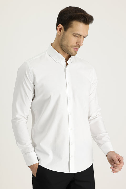White Long Sleeve Slim Fit Narrow Cut Oxford Cotton Shirt