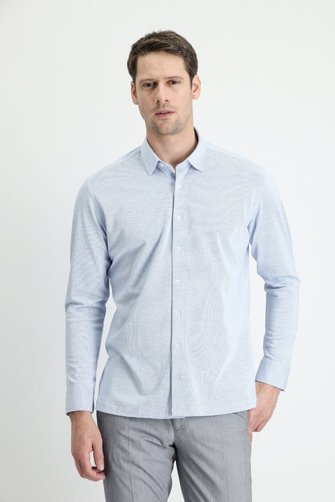 Açık Mavi Uzun Kol Çizgili Slim Fit Gömlek