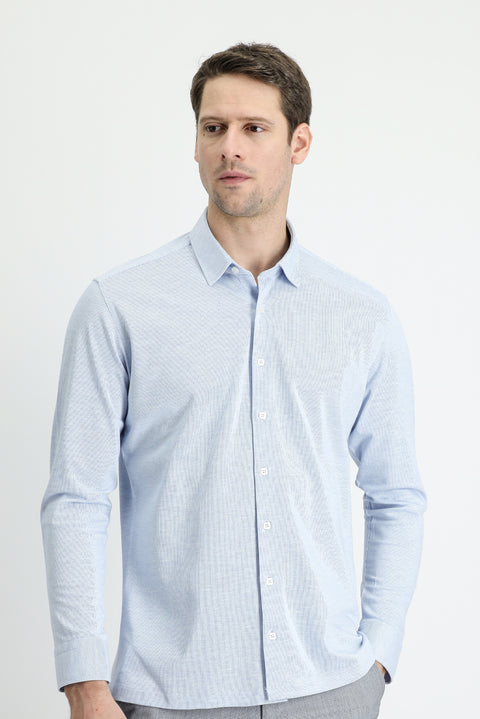 Açık Mavi Uzun Kol Çizgili Slim Fit Gömlek