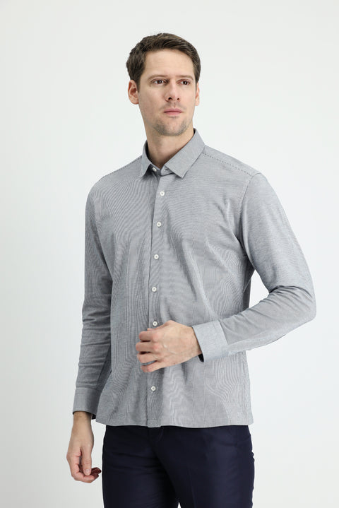 Dark Blue Long Sleeve Striped Slim Fit Narrow Cut Cotton Shirt