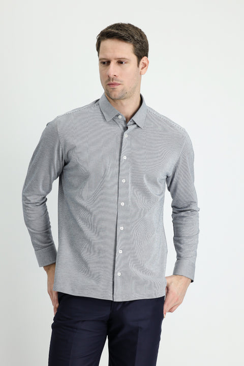 Dark Blue Long Sleeve Striped Slim Fit Narrow Cut Cotton Shirt