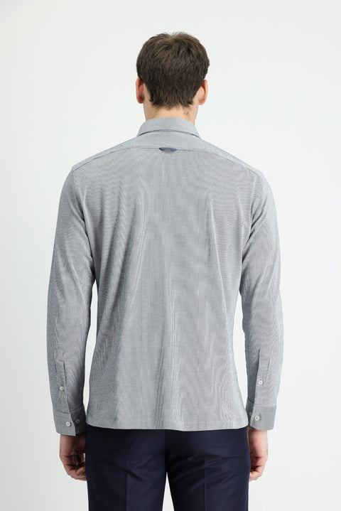 Dark Blue Long Sleeve Striped Slim Fit Narrow Cut Cotton Shirt