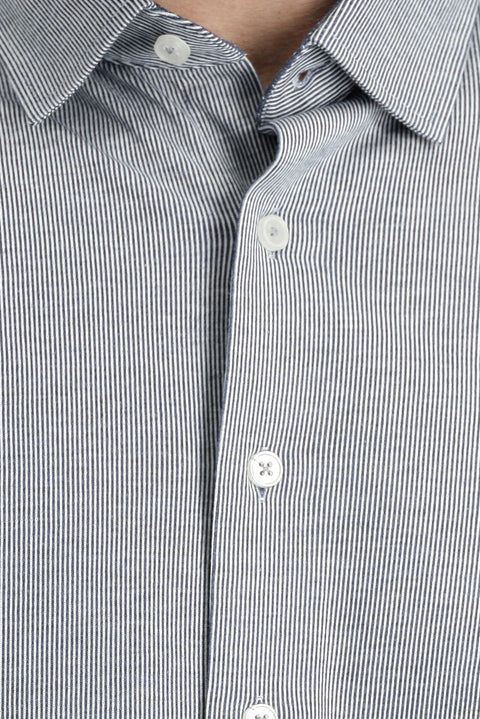 Dark Blue Long Sleeve Striped Slim Fit Narrow Cut Cotton Shirt