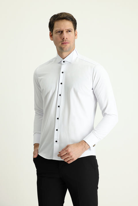 Beyaz Ata Yaka Slim Fit Dar Kesim Kolay Ütülenebilir Gömlek