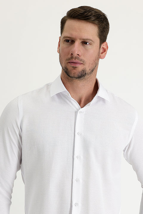 White Long Sleeve Slim Fit Narrow Cut Cuffed Cotton Shirt