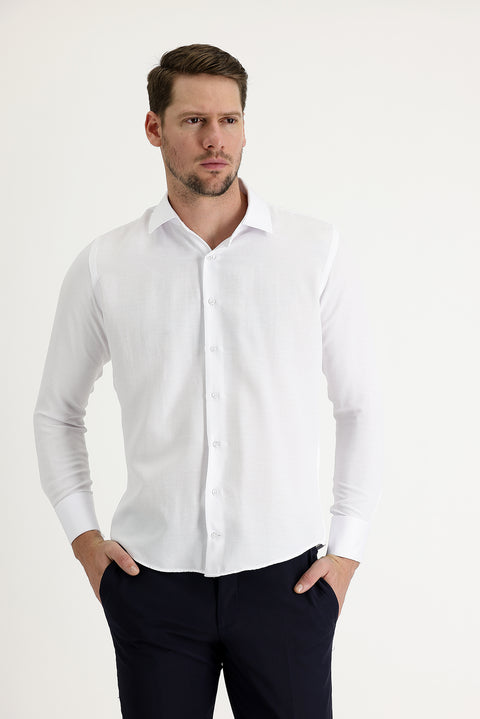 White Long Sleeve Slim Fit Narrow Cut Cuffed Cotton Shirt
