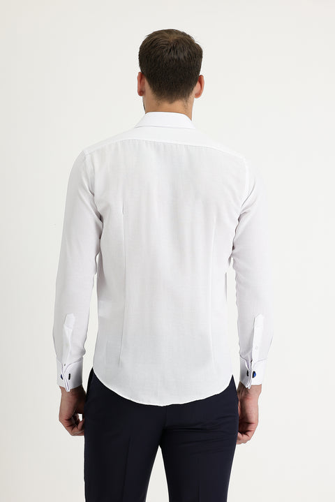 White Long Sleeve Slim Fit Narrow Cut Cuffed Cotton Shirt