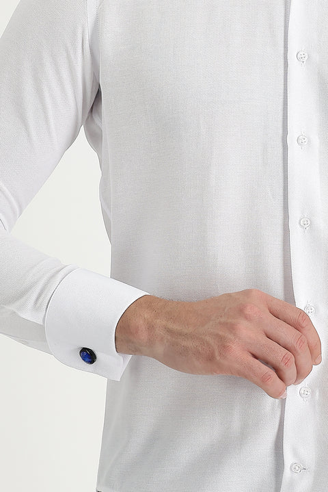 White Long Sleeve Slim Fit Narrow Cut Cuffed Cotton Shirt