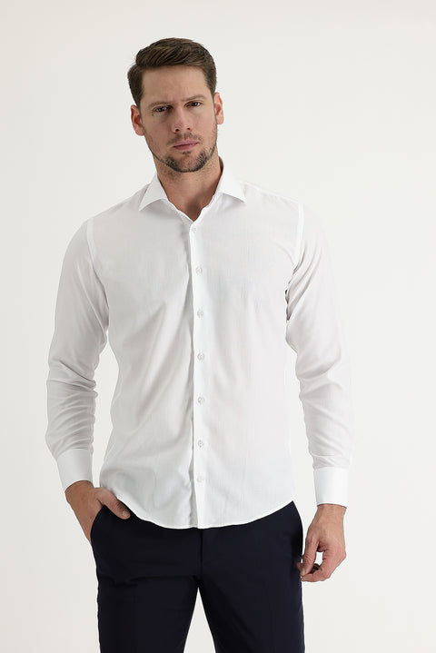 White Long Sleeve Slim Fit Narrow Cut Cuffed Cotton Easy Iron Shirt