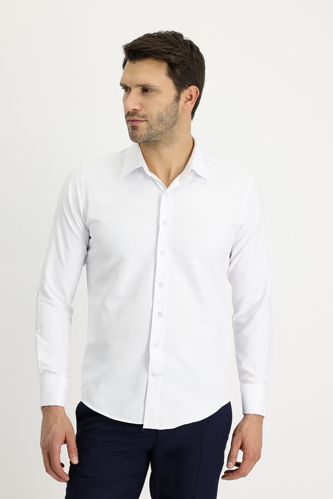 White Long Sleeve Slim Fit Narrow Cut Folded Cuff Classic Cotton Easy Iron Shirt