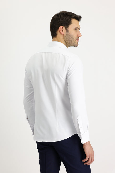 White Long Sleeve Slim Fit Narrow Cut Folded Cuff Classic Cotton Easy Iron Shirt