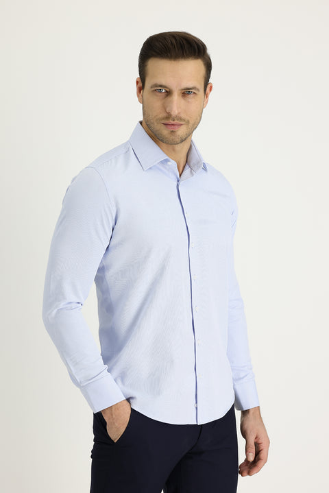 Light Blue Long Sleeve Slim Fit Narrow Cut Classic Patterned Cotton Easy-Iron Shirt
