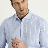 Light Blue Long Sleeve Slim Fit Striped Cotton Easy-Iron Shirt