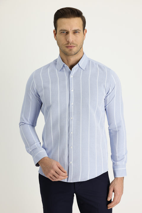 Light Blue Long Sleeve Slim Fit Striped Cotton Easy-Iron Shirt