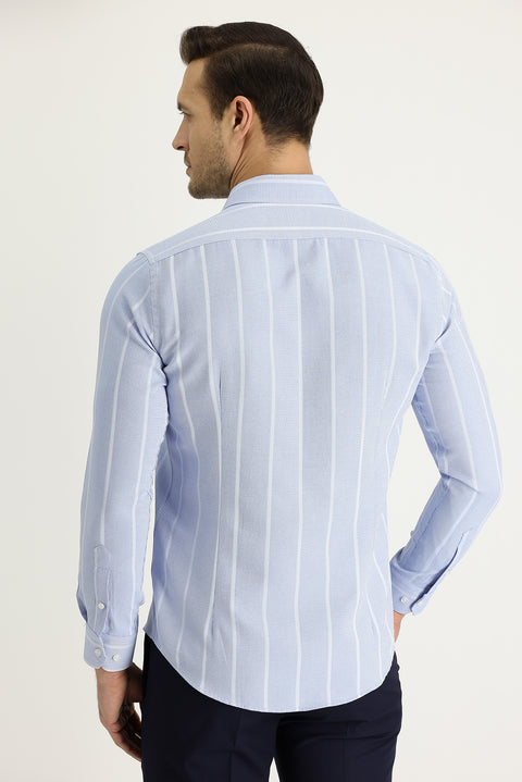 Light Blue Long Sleeve Slim Fit Striped Cotton Easy-Iron Shirt