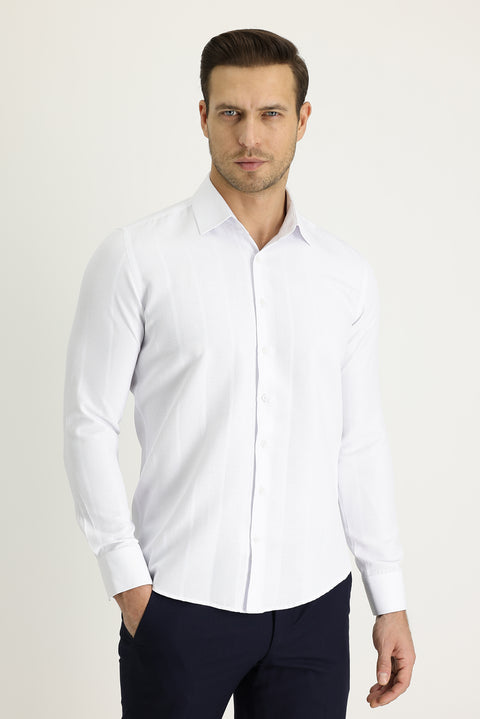 White Long Sleeve Slim Fit Striped Cotton Easy-Iron Shirt