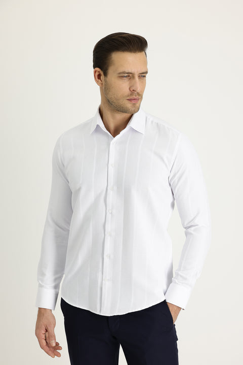 White Long Sleeve Slim Fit Striped Cotton Easy-Iron Shirt