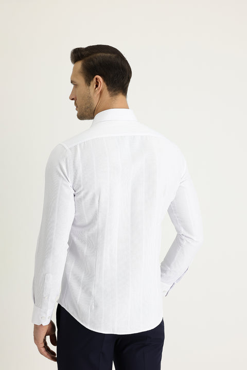 White Long Sleeve Slim Fit Striped Cotton Easy-Iron Shirt